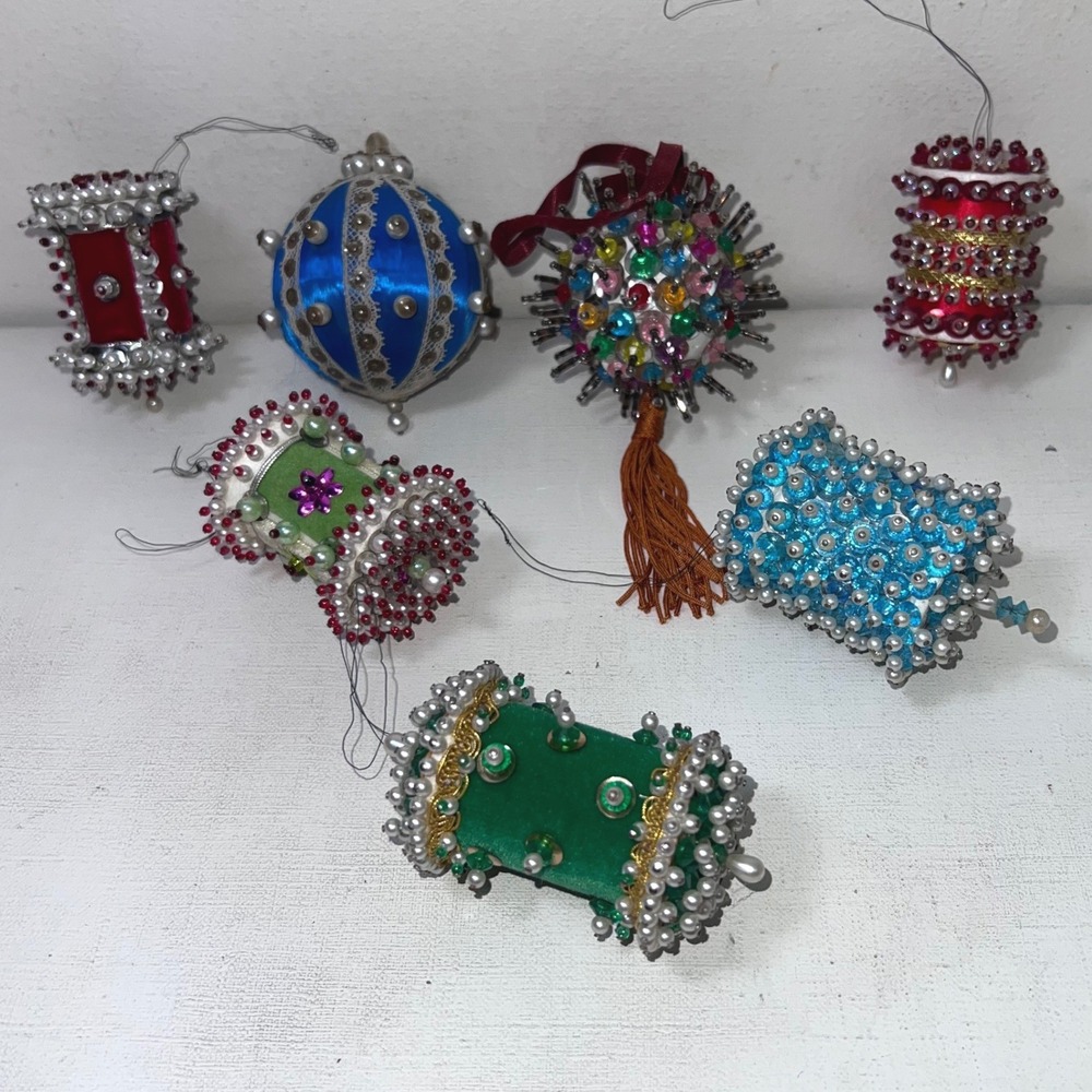 Vintage Handmade Beaded Sequin Christmas Ornaments Set of 7 MCM Kitsch Velvet
